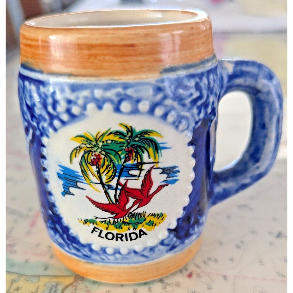Vintage Florida Souvenir Mini Stein Mug Flamingos Palm Trees Blue Ceramic Japan